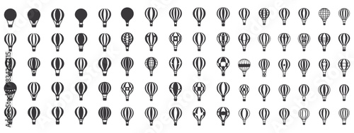 Black hot air balloon silhouette with stripes isolated on white background.