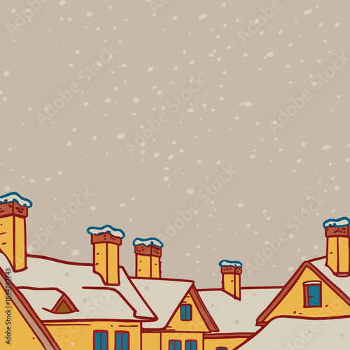 Snowy Rooftops and Chimneys A Winter Village Scene.