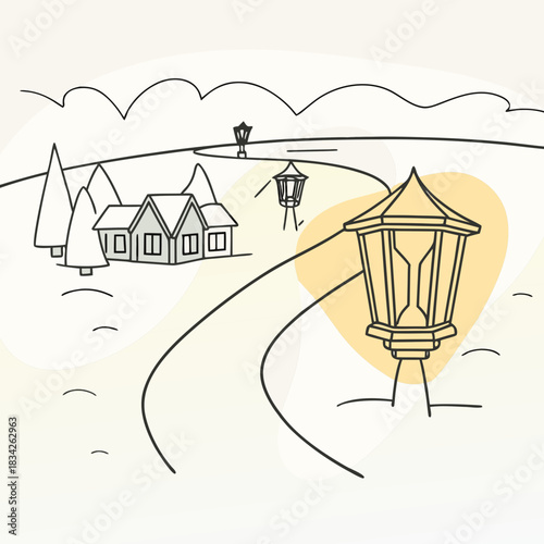 Stylized Illustration of a House and Street Lights at Night.