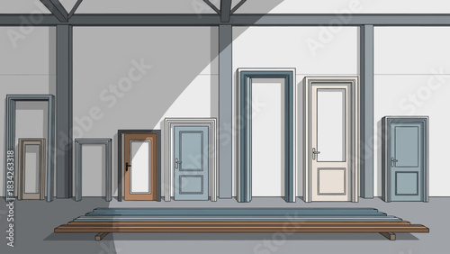 Assortment of various interior doors displayed in a warehouse setting