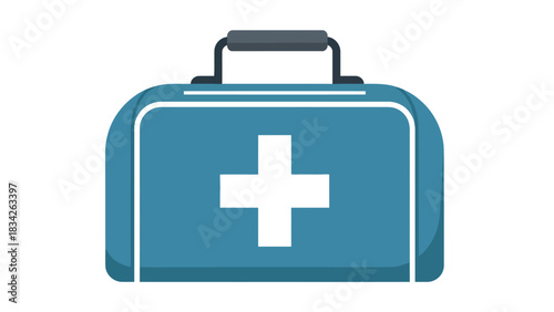 Blue first aid kit illustration with a white cross and dark handle