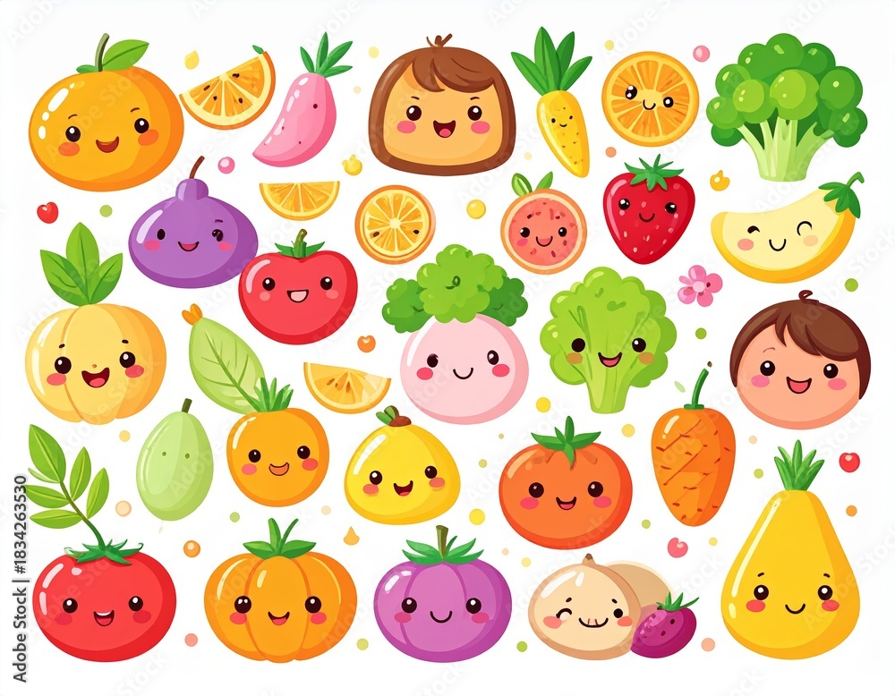 Fototapeta premium Adorable kawaii food characters illustration, smiling fruits and vegetables with expressive faces, bright color palette, soft shading, playful and cheerful style, perfect for stickers and children’s d