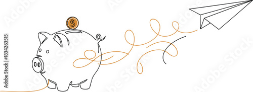 Abstract Continuous Line Art of Piggy Bank and Paper Airplane.