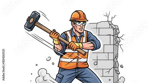 Cartoon construction worker smashing a brick wall with a large sledgehammer