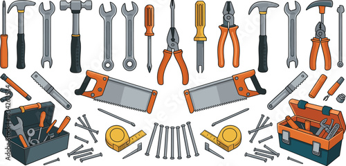 Collection of various hand tools for construction and repair, detailed illustration with toolbox, hammers, wrenches, saws, screwdrivers, pliers, nails