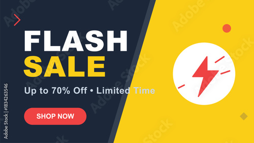Flash sale banner template with lightning bolt icon and up to 70% off