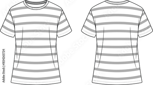 Front and back view of a grey and white striped t-shirt on a white background Keywords: t-shirt, shirt, clothing, apparel