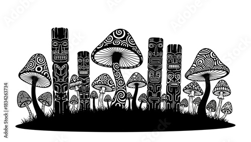 Whimsical forest of tribal totem poles and psychedelic mushrooms