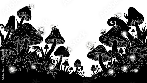 Whimsical mushroom forest with fireflies and bees