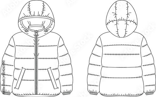 Front and back view of a hooded puffer jacket outline on a white background Keywords: jacket, puffer, hooded, winter, clothing