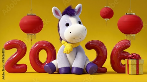 Peluche cheval avec 2026 et lanternes rouges pour nouvel an chinois