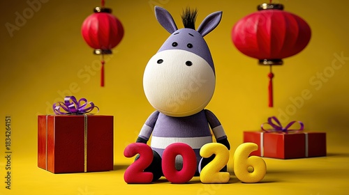 Peluche de cheval colorée avec chiffres 2026 et lanternes chinoises rouges