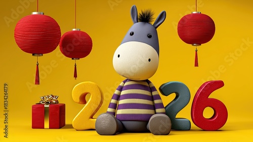 cheval en peluche rayé avec lanternes chinoises et numéros 2026 colorés