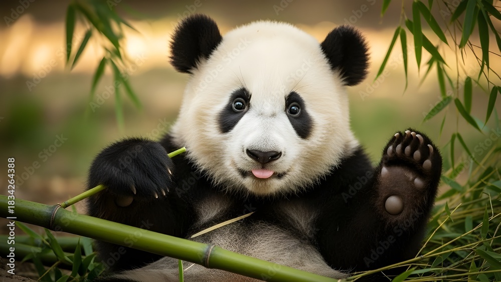 Naklejka premium A cute cartoon panda eating bamboo, 2D animation, white background