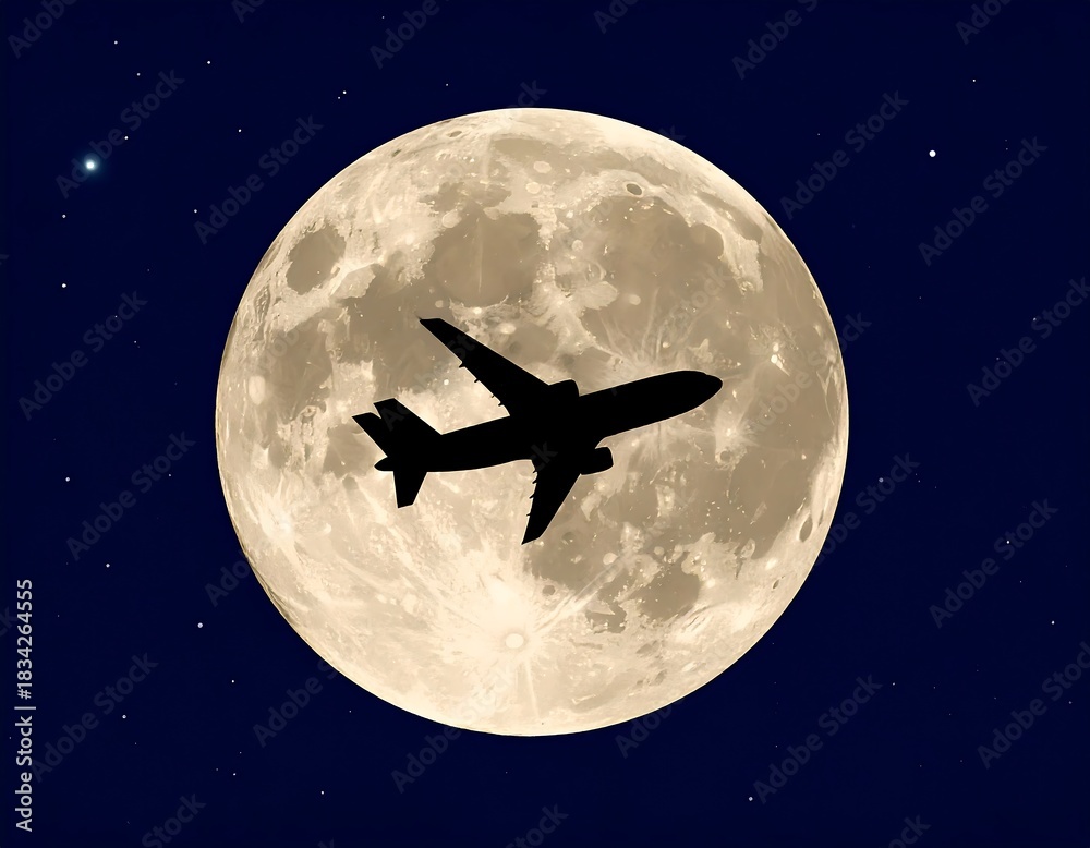 Naklejka premium A dark silhouette of a passenger aircraft flies across the moonlit sky, with the full moon serving as a backdrop. Stars dot the dark blue