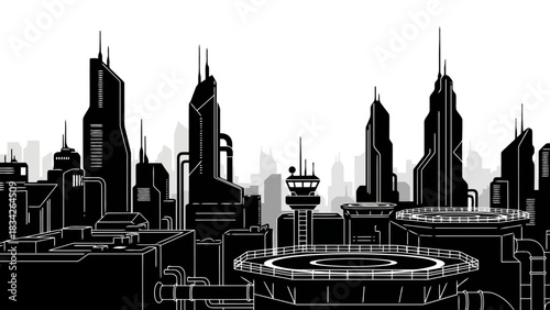 Futuristic cityscape with sleek skyscrapers and helipads
