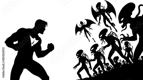 Hero confronts alien invasion in dramatic silhouette