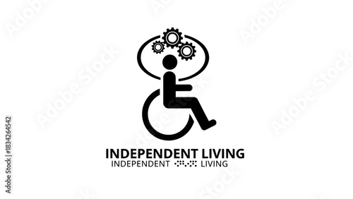 Independent living symbol with gears and braille