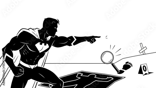 Superhero investigates crime scene with magnifying glass and footprint