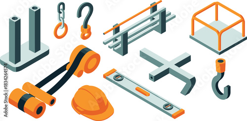Isometric illustration of construction lifting equipment and safety tools, including hooks, chains, hard hat, level, straps, crane platform accessories