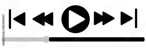 Audio or video player progress loading bar with time slider, play, rewind buttons. Simple template of media device playback panel interface. Minimalist web display. White light theme