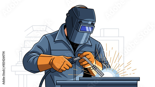 Cartoon welder wearing a hood and gloves working on metal with sparks flying