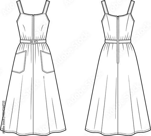 Front and back view of a midi sundress with belt and pockets fashion illustration garment clothing