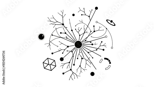 Abstract network structure with geometric elements and celestial body