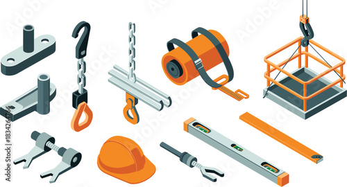 Isometric illustration of construction lifting equipment and safety tools, including hooks, chains, hard hat, level, straps, crane platform accessories