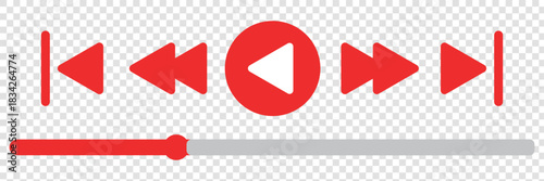 Audio or video player progress loading bar with time slider, play, rewind buttons. Simple template of media device playback panel interface. Minimalist web display. White light theme