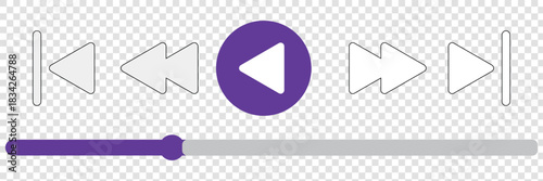 Audio or video player progress loading bar with time slider, play, rewind buttons. Simple template of media device playback panel interface. Minimalist web display. White light theme