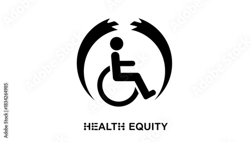 Health equity symbol with wheelchair user and protective arcs