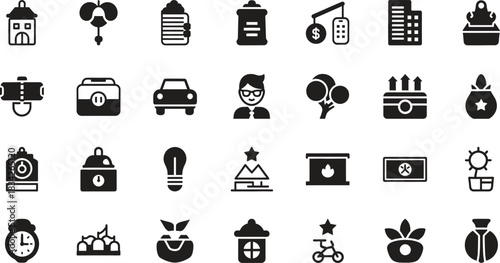 Black and white line icons set of everyday objects and concepts
