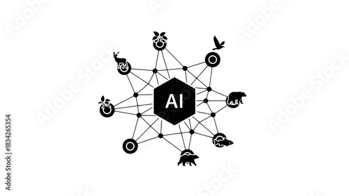 Artificial intelligence network connecting nature and wildlife icons