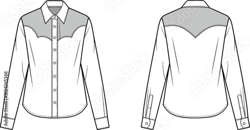 Front and back view of a white long-sleeved western style shirt with grey yoke clothing fashion