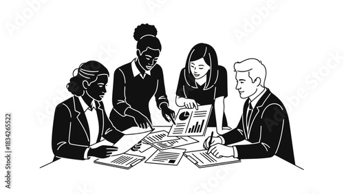 Diverse business team collaborating around a table with documents