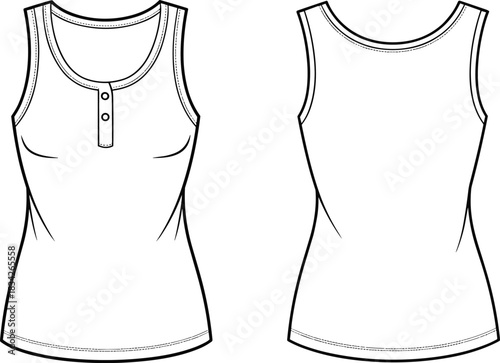 Front and back view of a white sleeveless henley tank top with buttons Keywords: tank top, sleeveless, henley, buttons, front