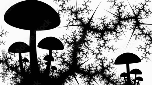 Silhouette mushrooms amidst fractal winter branches