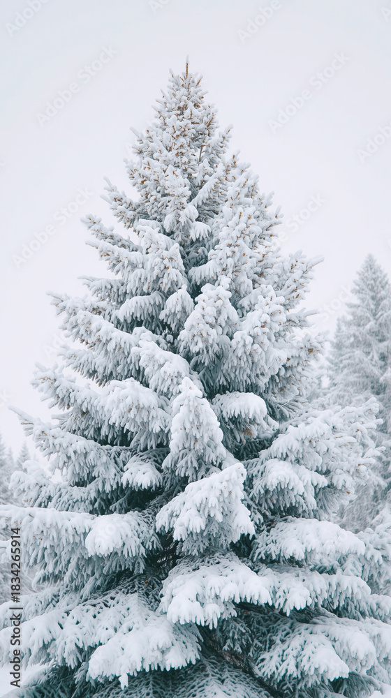 Obraz premium 2026 color trend. White fir tree covered in white glitter stands majestically against a white sky, creating a serene winter landscape with a magical ambiance and enchanting atmosphere