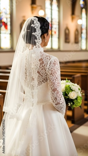 Elegant bride in white lace gown walking down the church aisle