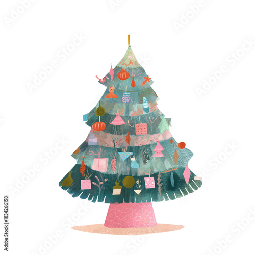 image of a decorated Christmas tree with ornaments and lights, isolated on a transparent background.
