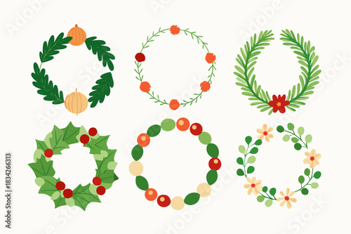 Collection of six hand drawn floral and foliage wreaths for christmas and autumn