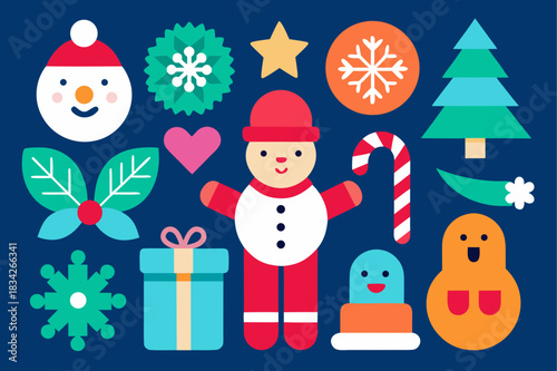 Colorful christmas holiday icons and graphic elements on dark blue