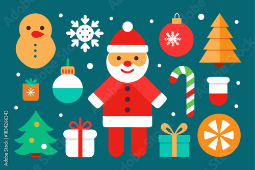 Flat design christmas icons and elements on teal background