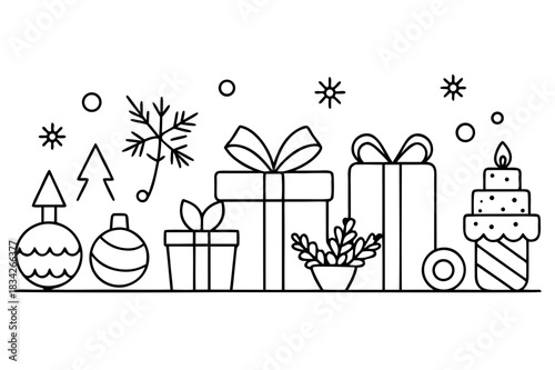Minimalist christmas line art with gifts tree and candle illustration