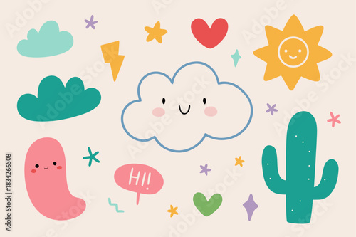 Cute and colorful doodle elements with clouds sun cactus and more