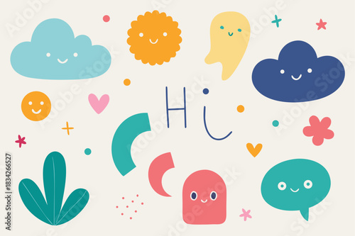 Playful hand drawn doodle elements with smiling faces and the word hi