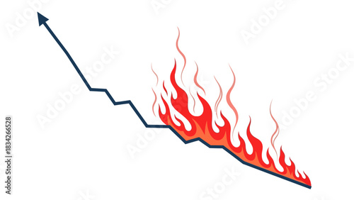 Downward trending line graph engulfed in red and orange flames