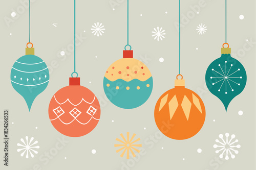 Retro christmas ornaments with snowflakes on a neutral background