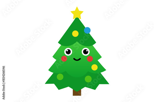 Cute cartoon christmas tree with smiling face and colorful decorations